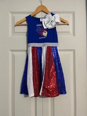 JoJo Siwa Blue Red White Sequin Patriotic Dress with Silver Bow